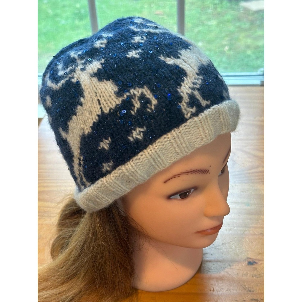 Handmade Blue Knit Beanie with Sparkles and Deer Pattern Sz Medium Adults